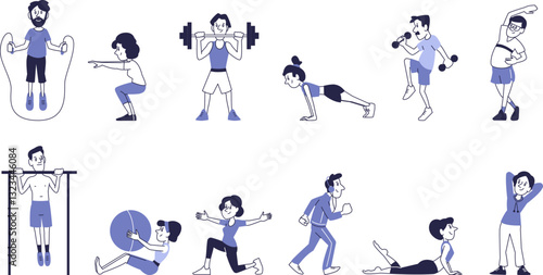 Set of cartoon characters performing sports exercises, fitness workouts, stretching, and cardio training.