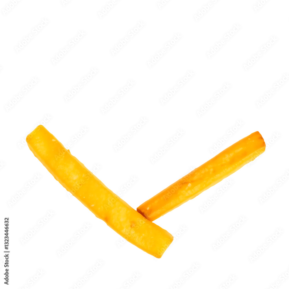two golden crispy French fries isolated on transparent background Generative Ai. two golden crispy French fries isolated on transparent background Generative Ai.