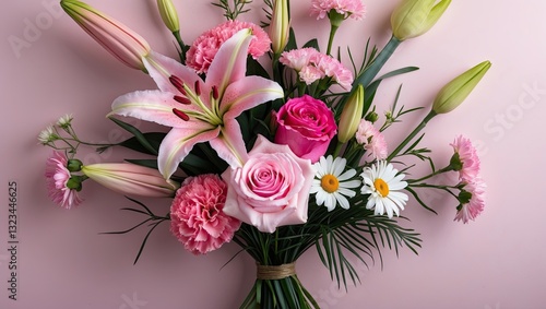 Wallpaper Mural Vibrant floral bouquet with pink lilies, roses, carnations, and daisies arranged artfully against a soft pastel pink background for fresh spring vibes. Torontodigital.ca