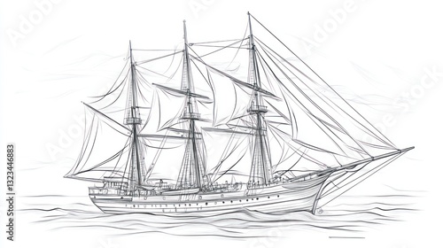 Wallpaper Mural Sailing ship sketch, ocean waves background, nautical art, historical vessel illustration Torontodigital.ca