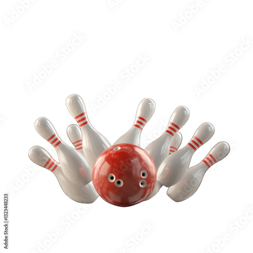 Bowling ball striking down pins, isolated on transparent background