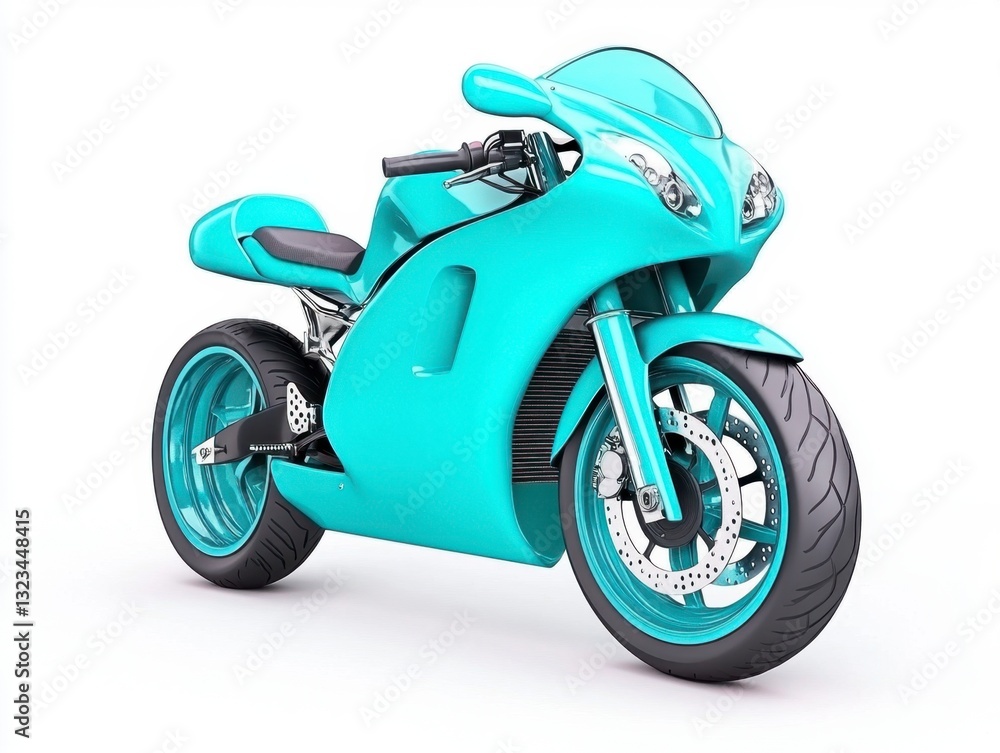 Obraz premium Light blue motorcycle on white background. The motorcycle is sleek and modern with a sporty design. The image is clean and simple, perfect for automotive or transportation related projects.