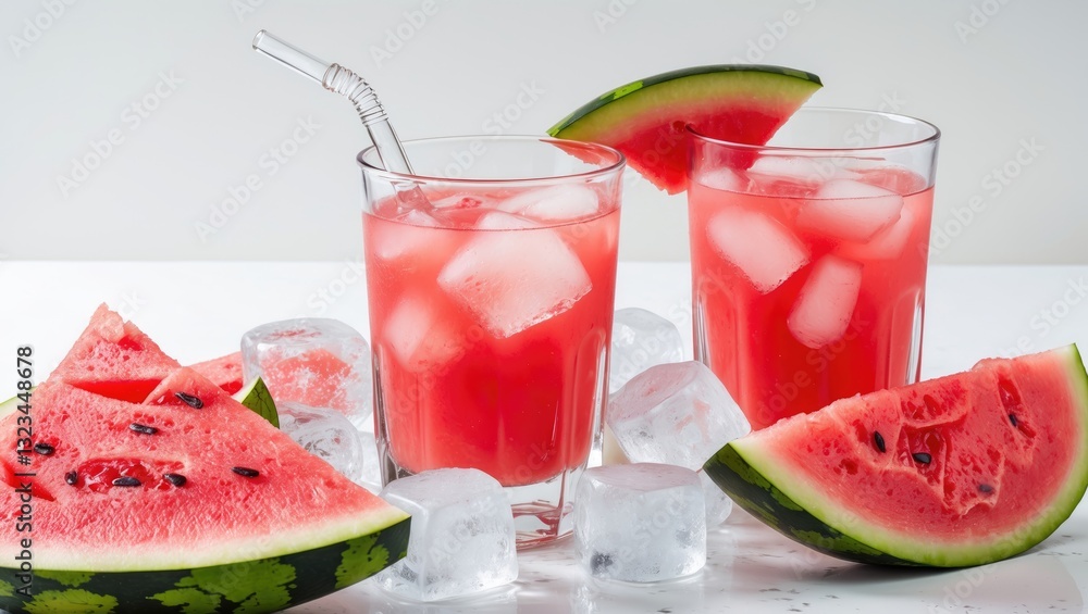 Refreshing summer watermelon mocktail with ice in two clear glasses alongside fresh watermelon slices and ice cubes on a white background. Refreshing summer watermelon mocktail with ice in two clear glasses alongside fresh watermelon slices and ice cubes on a white background.
