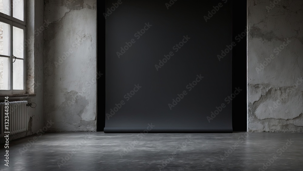 Dark minimalist studio with a black backdrop, featuring bare walls and concrete floor, ideal for text or design overlay, ample negative space. Dark minimalist studio with a black backdrop, featuring bare walls and concrete floor, ideal for text or design overlay, ample negative space.