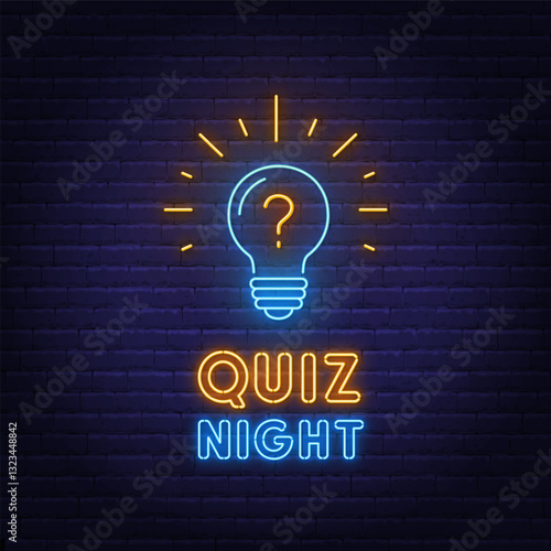 Quiz Night neon sign on brick wall background.