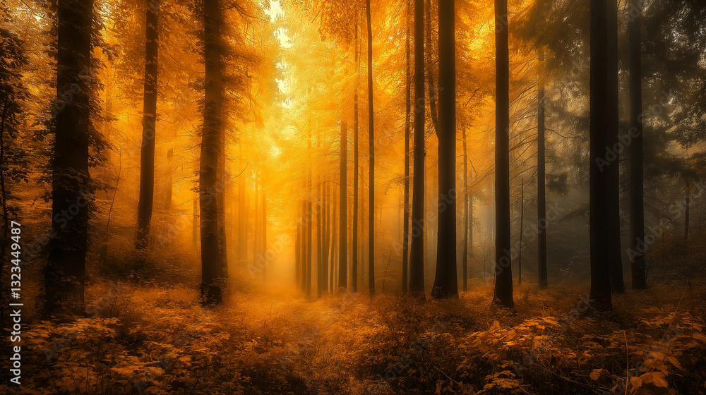 Fototapeta premium A mystical redwood forest with golden light filtering through the trees.