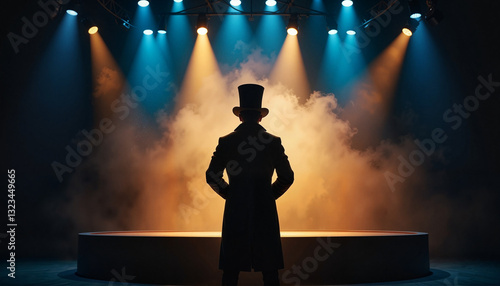 Mysterious ringmaster standing on glowing stage, circus magic