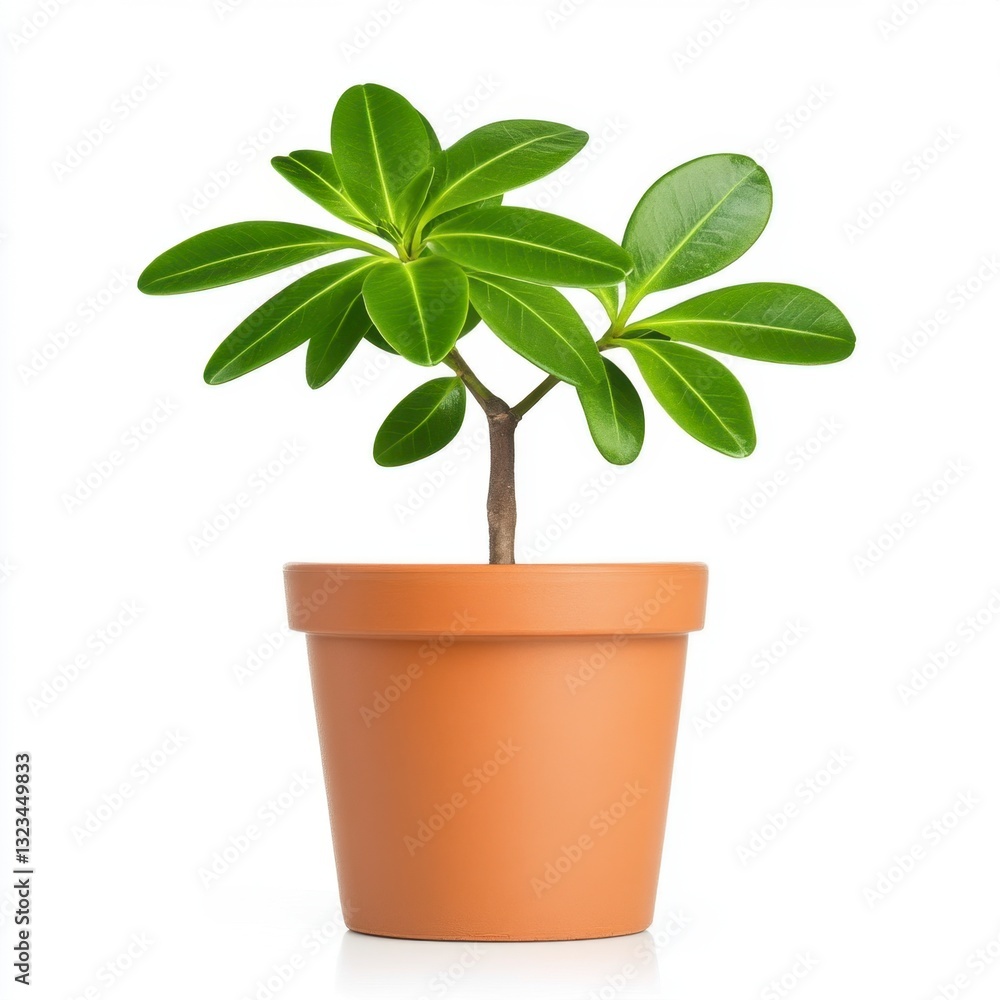 Obraz premium Small green plant in a terracotta pot against a white background. The plant has vibrant green leaves and a slender brown stem.
