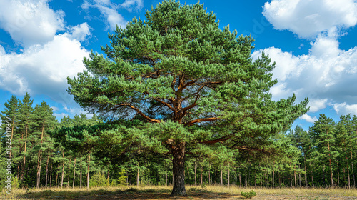 Wallpaper Mural Majestic Pine Tree Stands Alone in a Vibrant Forest Under a Blue Sky Filled With Fluffy Clouds Torontodigital.ca