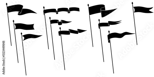 Retro pennant flags, banner pendants and waving blank signs on flagpoles, vector icon. Sport camp or university and varsity royal club pennant flags in white and black line outline or silhouettes