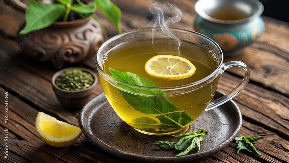 Cup of steaming green tea with lemon slice and fresh mint on a rustic wooden table with small ceramic bowl of tea leaves and lemon wedge. Cup of steaming green tea with lemon slice and fresh mint on a rustic wooden table with small ceramic bowl of tea leaves and lemon wedge.