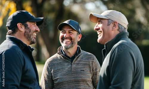 Three men enjoying a friendly conversation on a sunny golf course surrounded by trees and nature
