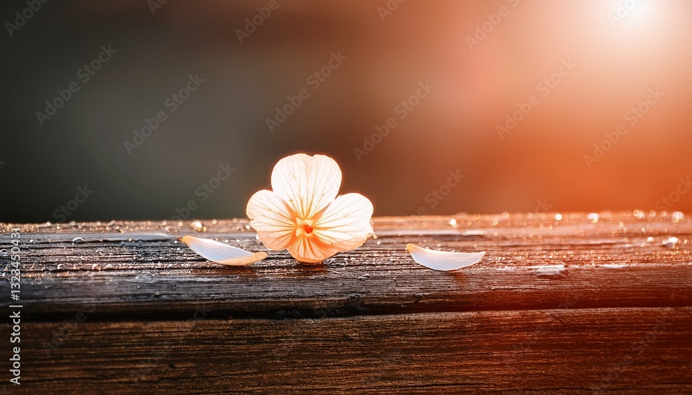 Fototapeta premium Old wooden board with morning dew and single flower petals, minimalist charm. 