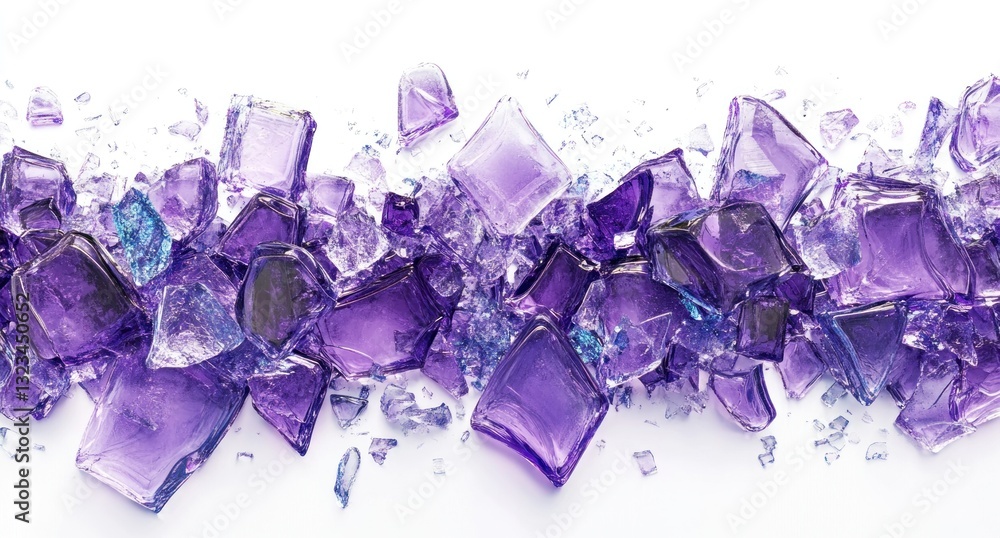 Scattered purple and blue glass shards on white. Scattered purple and blue glass shards on white.