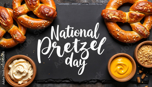 Artisanal pretzels with dips on slate board, National Pretzel Day celebration