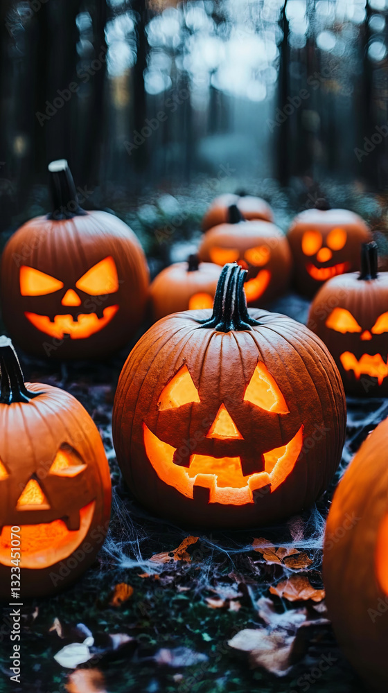 Spooky Carved Pumpkins Illuminated in a Dark Forest During Halloween Festivities in the Evening Spooky Carved Pumpkins Illuminated in a Dark Forest During Halloween Festivities in the Evening