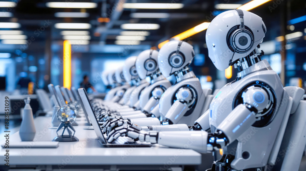Fototapeta premium Robots equipped with advanced technology work in unison within a futuristic office setting, illustrating automation and artificial intelligence in action.