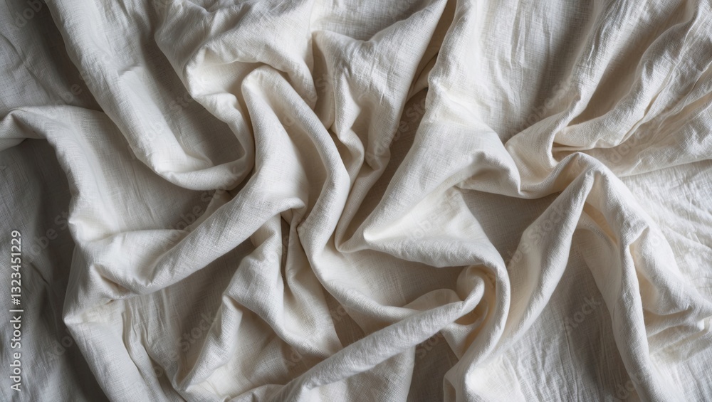 Crumpled white linen fabric texture with soft natural cotton, viewed from above, showcasing an organic eco textile aesthetic and gentle tones. Crumpled white linen fabric texture with soft natural cotton, viewed from above, showcasing an organic eco textile aesthetic and gentle tones.