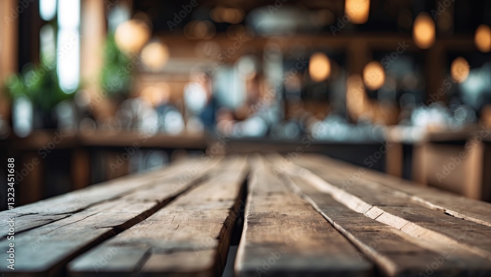 Close-up of a rustic wooden table with soft focus background of warm-toned café lights and greenery in a cozy indoor setting. Close-up of a rustic wooden table with soft focus background of warm-toned café lights and greenery in a cozy indoor setting.