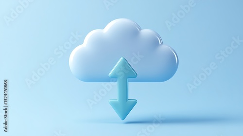 Three-dimensional cloud icon with arrows symbolizing data upload and download in a soft blue background
