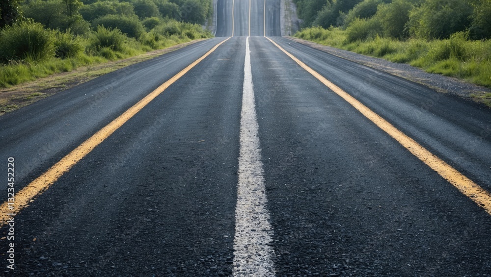 Obraz premium Asphalt road leading into the distance with a single white line center, bordered by green foliage on both sides, ideal for text overlay.
