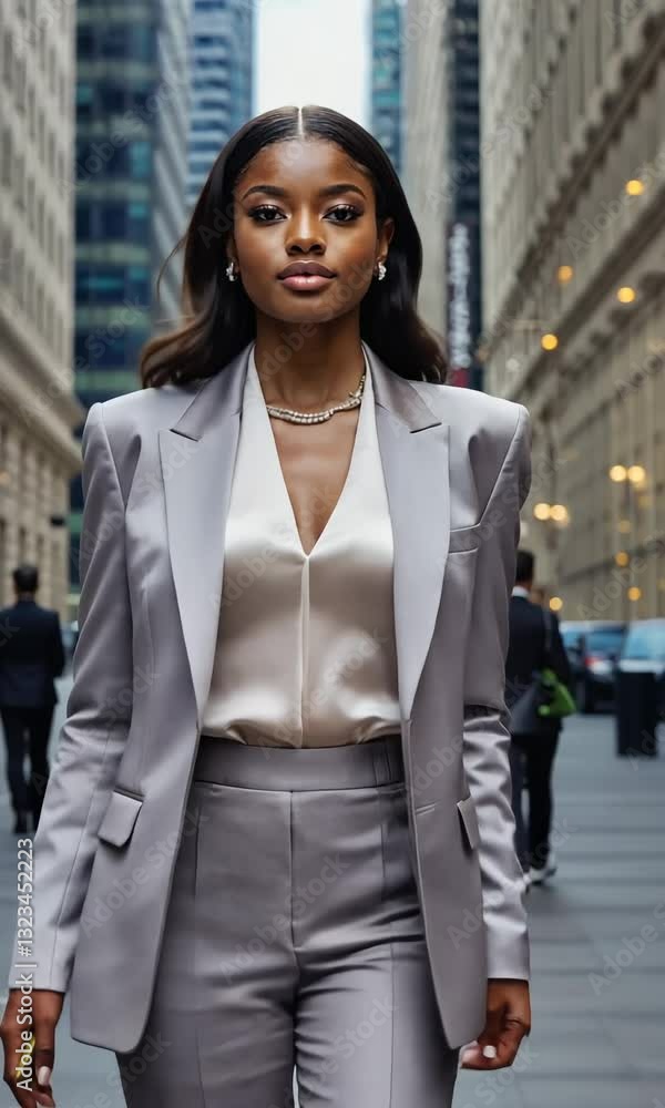 Confident Businesswoman in a Modern Suit Walking Purposefully Through a Vibrant Financial District with Lens Flare, Showcasing Corporate Leadership and Professional Ambition - Vertical Confident Businesswoman in a Modern Suit Walking Purposefully Through a Vibrant Financial District with Lens Flare, Showcasing Corporate Leadership and Professional Ambition - Vertical
