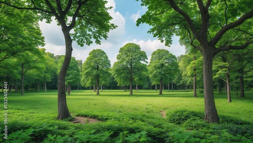 Lush green trees amid vibrant summer foliage in a sunny park, arranged in a symmetrical setup with clear blue sky and soft clouds in the background. Lush green trees amid vibrant summer foliage in a sunny park, arranged in a symmetrical setup with clear blue sky and soft clouds in the background.