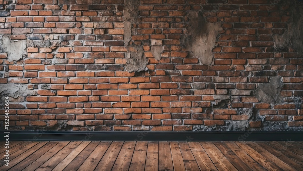 Grunge brick wall with rough textures in warm hues on the left and wooden flooring in natural tones filling the room's lower half. Grunge brick wall with rough textures in warm hues on the left and wooden flooring in natural tones filling the room's lower half.