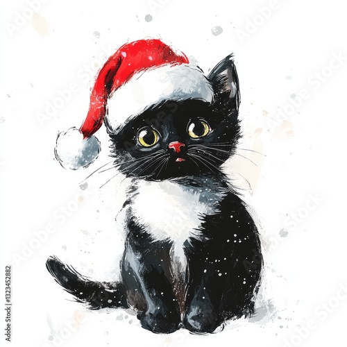 Cute Christmas Kitten Black Cat in Santa Hat