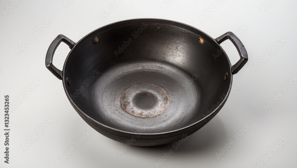 Empty black iron wok on a white background with smooth, rounded edges and two sturdy handles for ergonomic grip showcasing traditional Chinese cooking. Empty black iron wok on a white background with smooth, rounded edges and two sturdy handles for ergonomic grip showcasing traditional Chinese cooking.