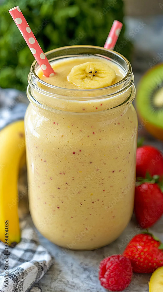 Refreshing Smoothie Made With Ripe Bananas, Strawberries, and a Hint of Kiwi at a Vibrant Kitchen Setting Refreshing Smoothie Made With Ripe Bananas, Strawberries, and a Hint of Kiwi at a Vibrant Kitchen Setting