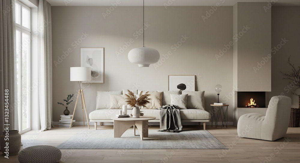 Fototapeta premium Serene living room subtly lit warm natural light airy minimalist design. AI Generated