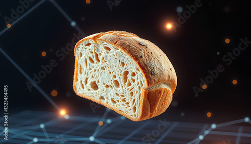Hyper-realistic loaf of sourdough bread, floating in mid-air, surrounded by digital grid lines and glowing wireframe elements