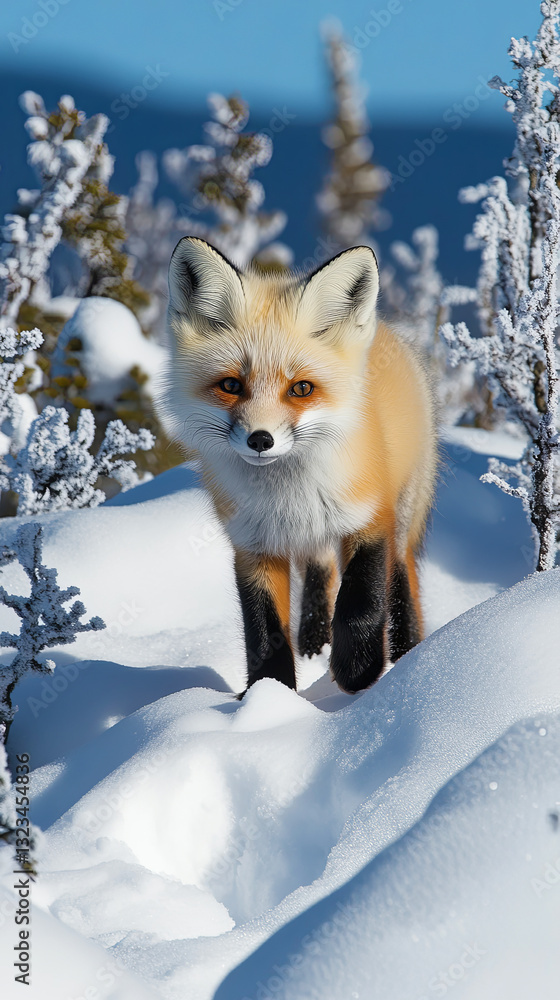 Obraz premium Red Fox Explores a Snowy Landscape in Winter With Frosty Trees in the Background