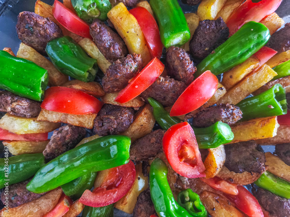 A hearty Turkish dish with fried meatballs, fried potatoes, tomatoes and green peppers with tomato sauce. A comforting and delicious meal