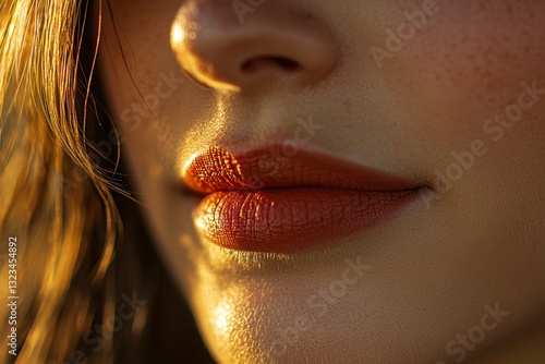 A captivating close-up unveils the beauty of soft pink lips, gently kissed with a touch of honey-like radiance, accentuating their natural plumpness and conveying a sense of fresh, vibrant health The