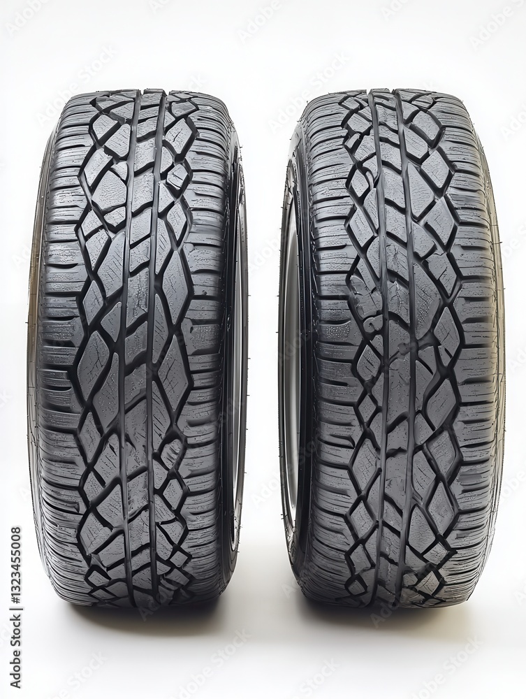 Two car tires displayed on a white background showcasing unique tread patterns for automotive enthusiasts and retailers Two car tires displayed on a white background showcasing unique tread patterns for automotive enthusiasts and retailers