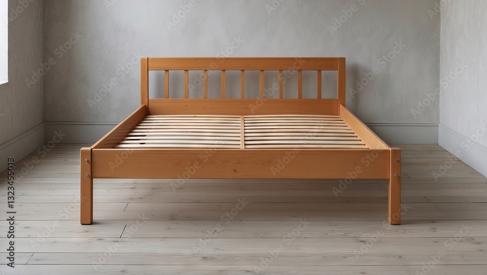 Lacquered wooden bed frame with slats positioned centrally on a light wooden floor against a plain gray wall in a bright indoor setting. Lacquered wooden bed frame with slats positioned centrally on a light wooden floor against a plain gray wall in a bright indoor setting.