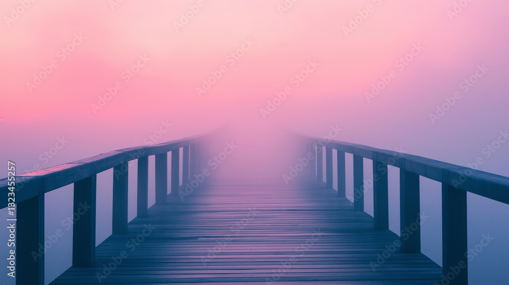 Obraz premium A misty bridge stretching endlessly into a soft pink sunrise