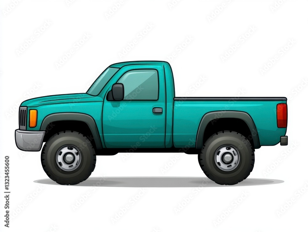 Teal pixel art pickup truck illustration, side view, off road tires, white background. Teal pixel art pickup truck illustration, side view, off road tires, white background.
