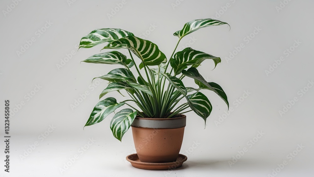 Obraz premium Green house plant with decorative striped leaves in a brown terracotta pot on a light gray background creating a serene indoor atmosphere.