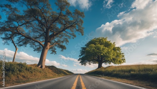 Wide open road with dual trees on each side under vibrant blue sky with fluffy clouds, ample copyspace for text or design elements.