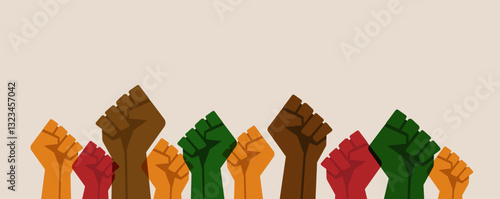 Multiethnic fists. Multiple hands raised with closed fists symbolizing black lives. Vector illustration.