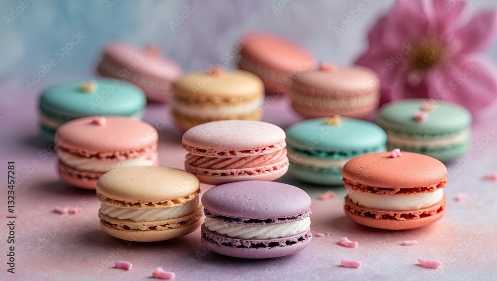 Colorful macarons arranged in a playful cluster on a soft pastel backdrop with pink, mint, and lavender colors complemented by delicate floral accents. Colorful macarons arranged in a playful cluster on a soft pastel backdrop with pink, mint, and lavender colors complemented by delicate floral accents.