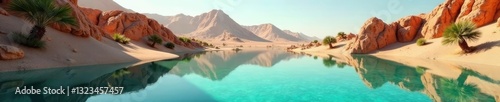 Desert oasis scene with crystal clear lake reflection, natural, calm