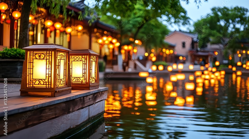 Fototapeta premium Serene Asian Garden at Dusk, Lanterns, Water - Zen/Mindfulness: The.
