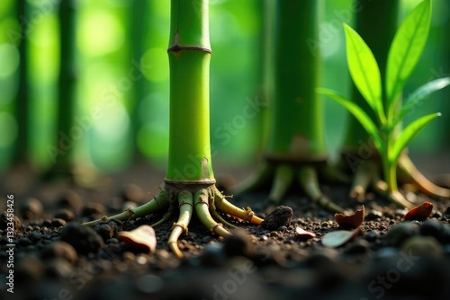 Details of bamboo stalks and roots growing out of the ground, leafy,, detail