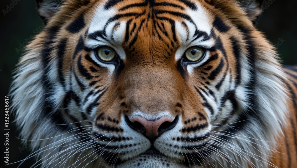 Close-up portrait of a majestic Siberian tiger with striking orange and black stripes, intense green eyes centered, dark blurred background for text space. Close-up portrait of a majestic Siberian tiger with striking orange and black stripes, intense green eyes centered, dark blurred background for text space.