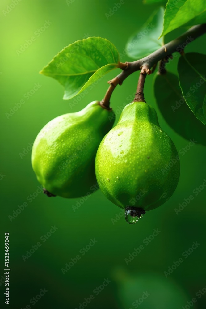 Fresh green guava leaves with water drops hanging from branch, green, tropical, nature Fresh green guava leaves with water drops hanging from branch, green, tropical, nature