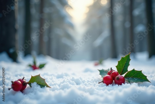 Fresh holly berries scattered on snow-covered forest ground, festive, background